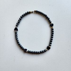 Vintage Gorgeous Bracelet Black Gold Hearts Beaded - 8.5"